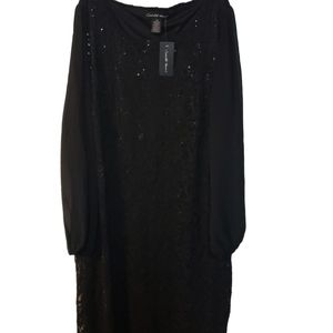 Candalite Women's black dress, lace with sheer long sleeves, size 2X